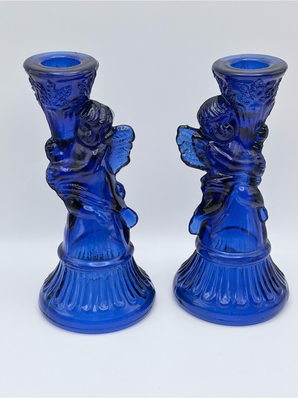 Vintage Pair Of Cobalt Blue Pressed Glass Cherub Angel 6” Candle Holders